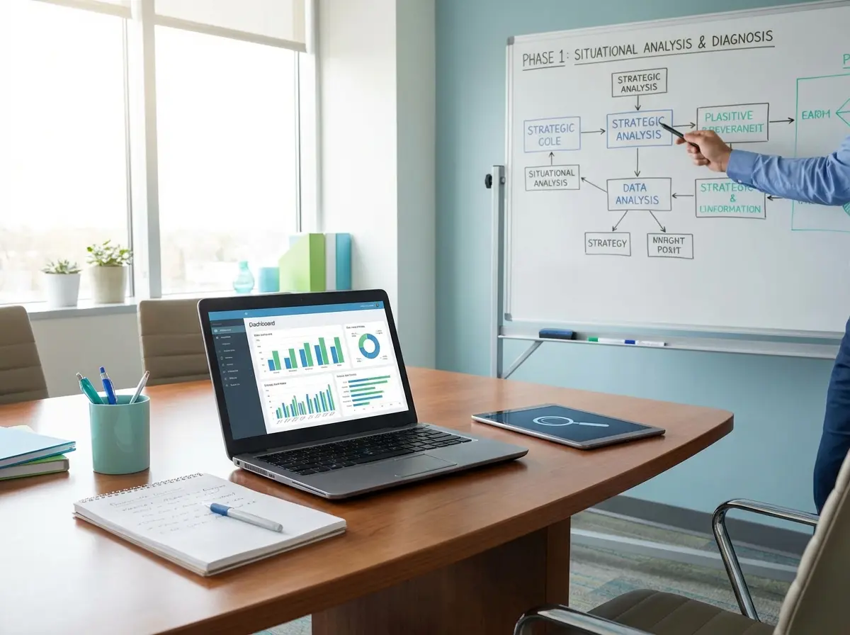 A man standing at a whiteboard pointing at a flowchart with an open computer displaying graphs next to him