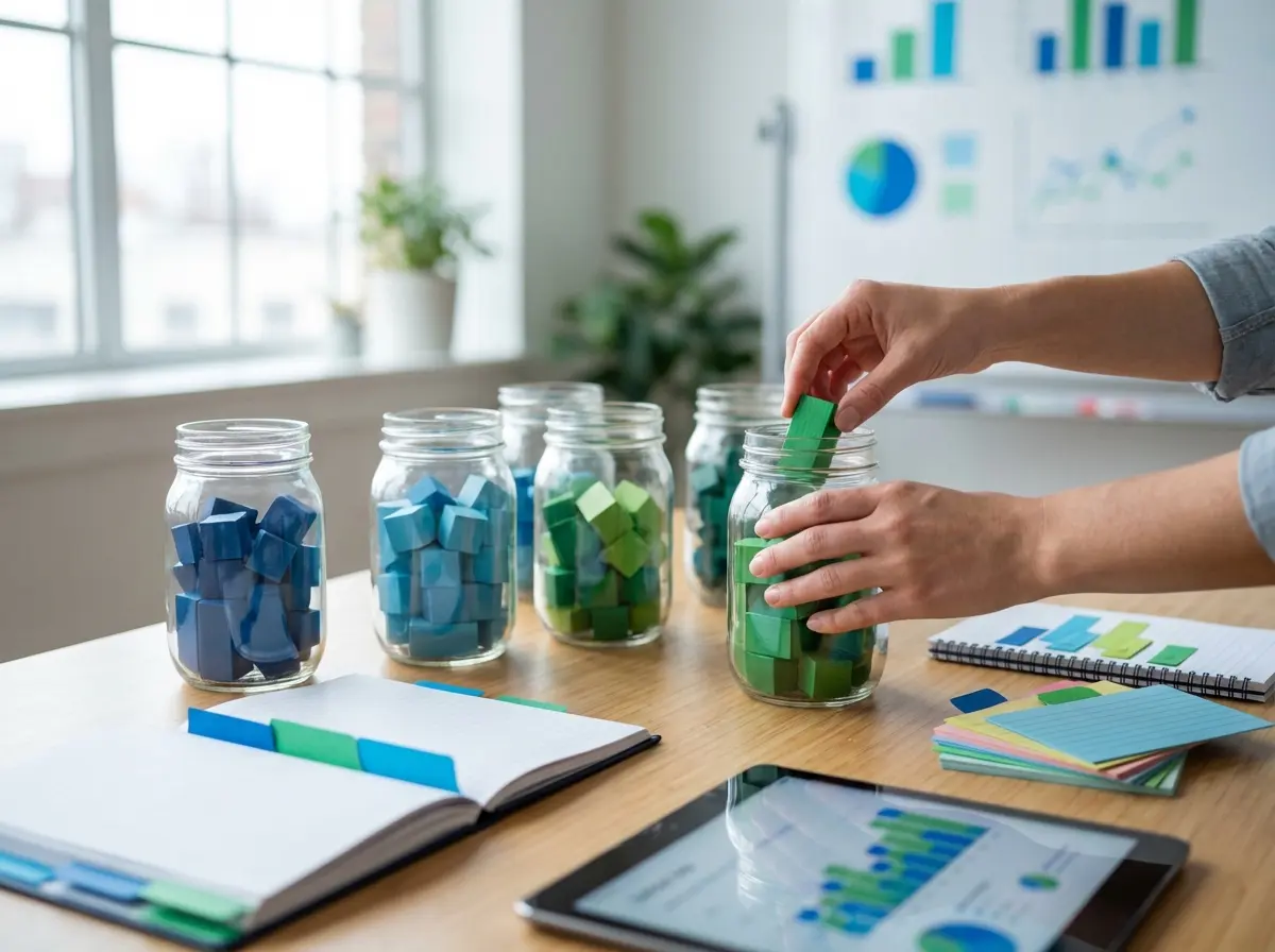 A man placing a series of colored blue and green cubes in separate jars