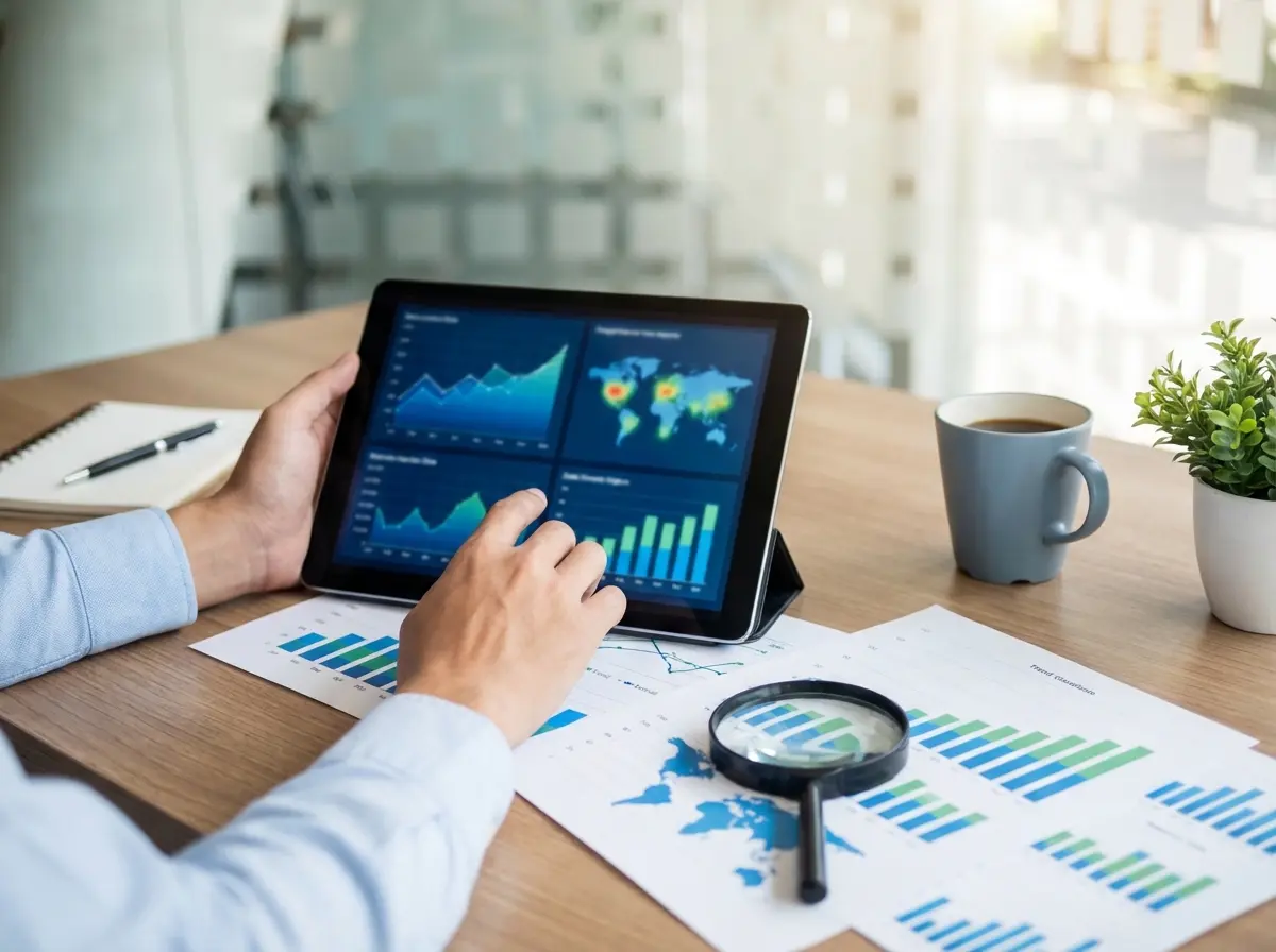 A man at a desk examining graphs on a tablet