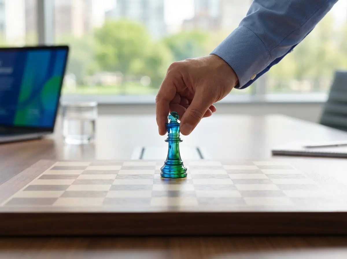 A man placing a king piece from chess on an empty chess board