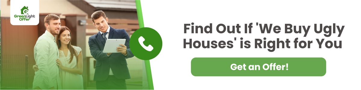 Find Out If 'We Buy Ugly Houses' Is Right for You Image featuring a diverse group of three smiling individuals, including a man in a suit holding a tablet, standing next to a couple, with a Greenlight Offer logo and a call-to-action text about selling homes quickly and easily.
