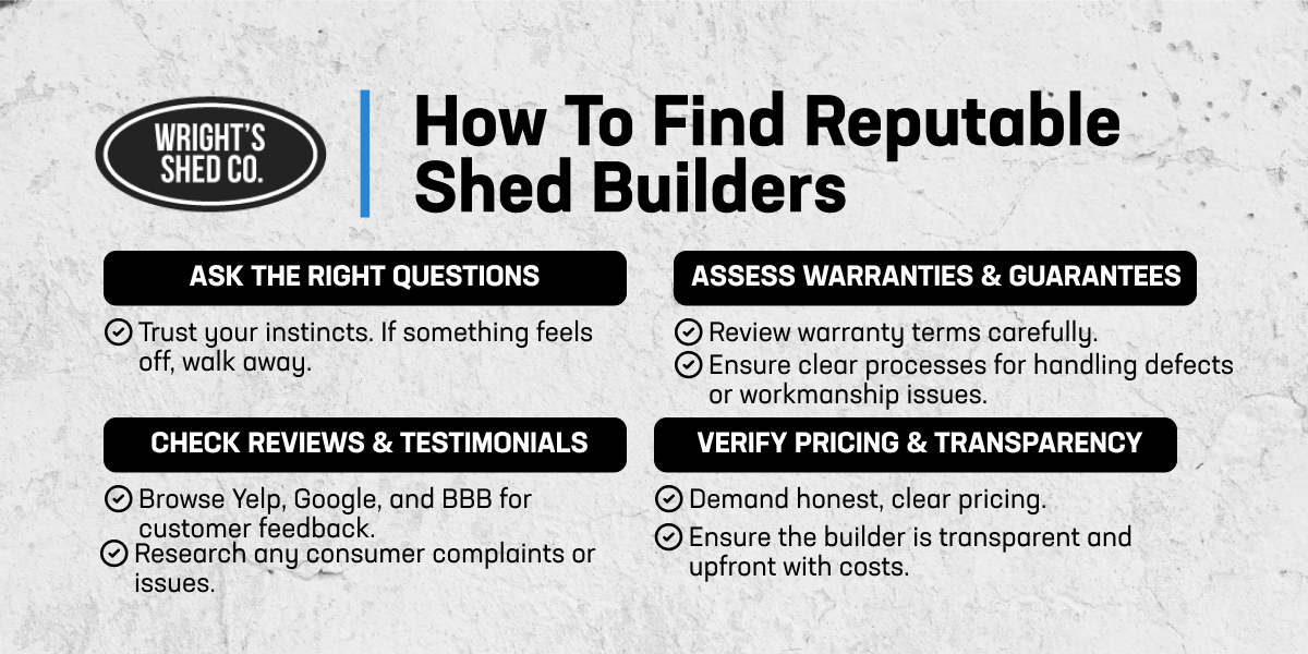 Guide to choosing reputable shed builders with tips on questions, reviews, warranties, and pricing