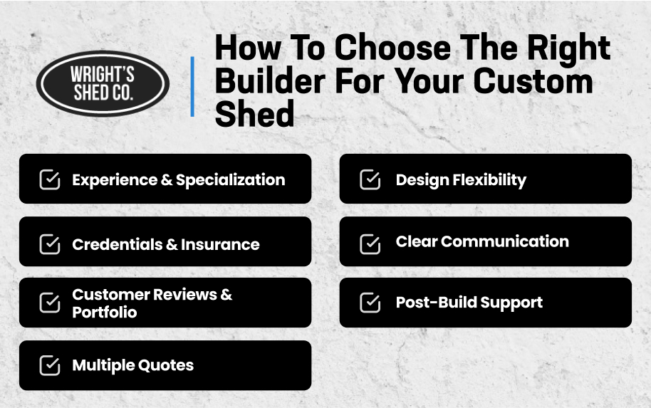 A guide with key factors to consider when selecting a builder for your custom shed.