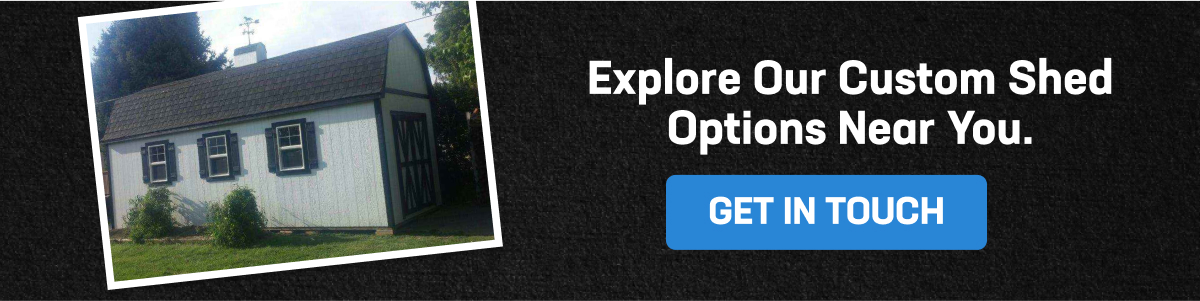 Image showing a custom shed with a call-to-action to explore shed options and get in touch.