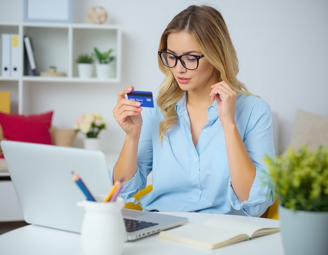 woman holding a credit card by laptop to buy something online 