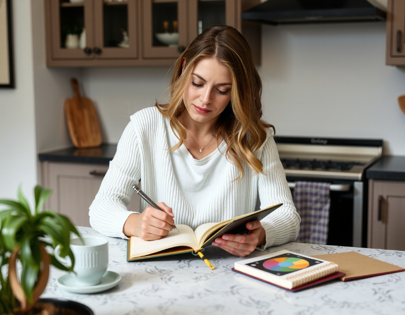 woman at table writing in 111 manifestation technique journal