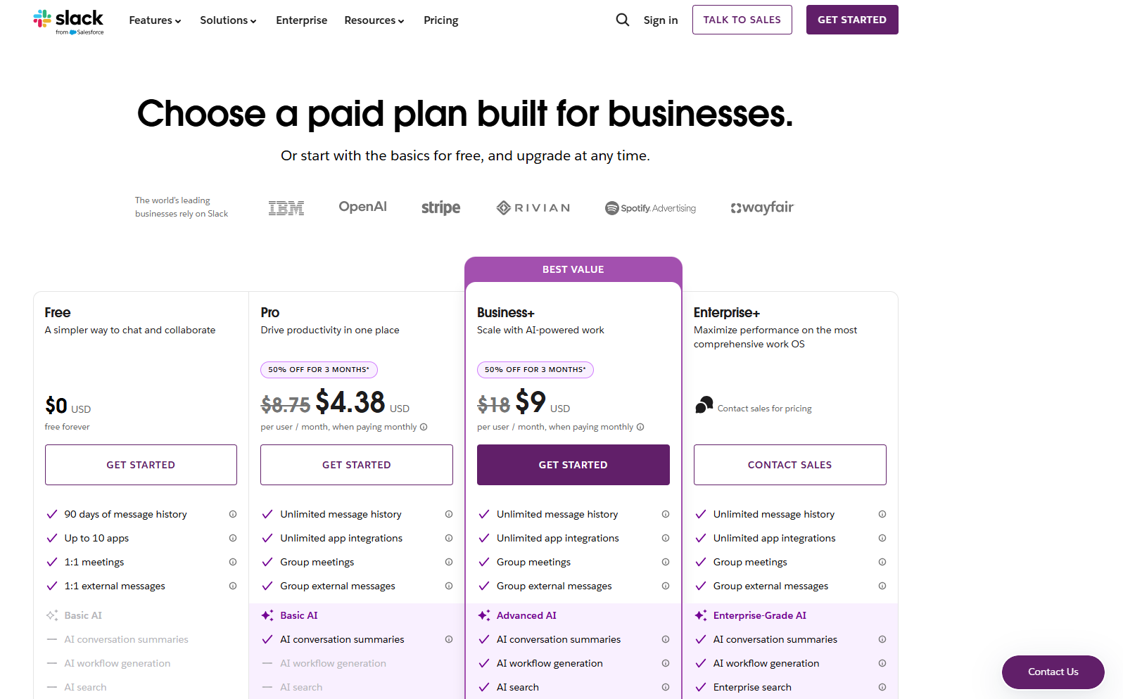 Slack Pricing Screenshot