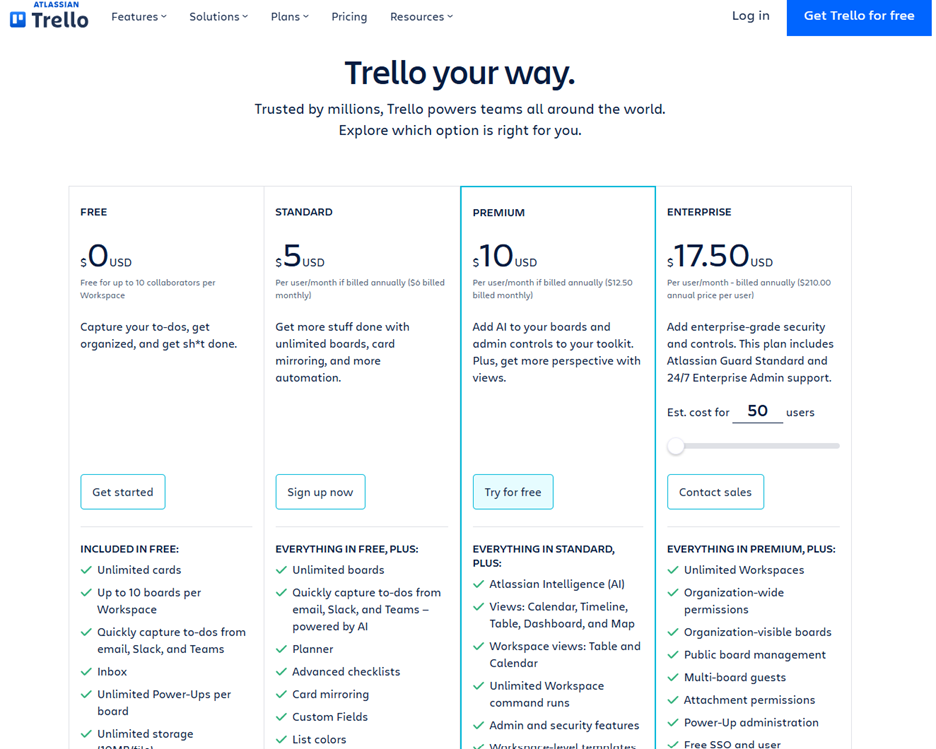 Trello Pricing Screenshot