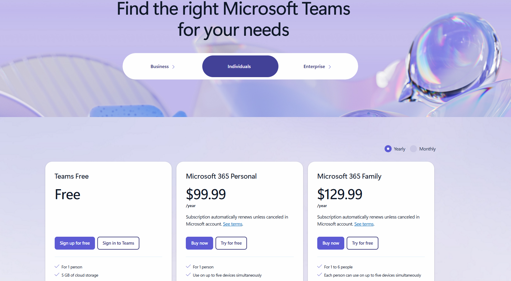 Microsoft Teams Pricing Screenshot